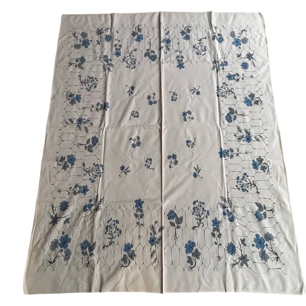 Vintage tablecloth printed cotton rectangle faded PINK blue & gray floral design
